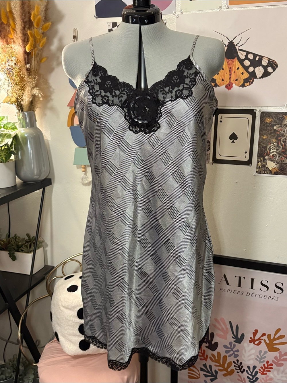 Jaclyn Smith Plaid Lace Slip Dress Nightgown Large
